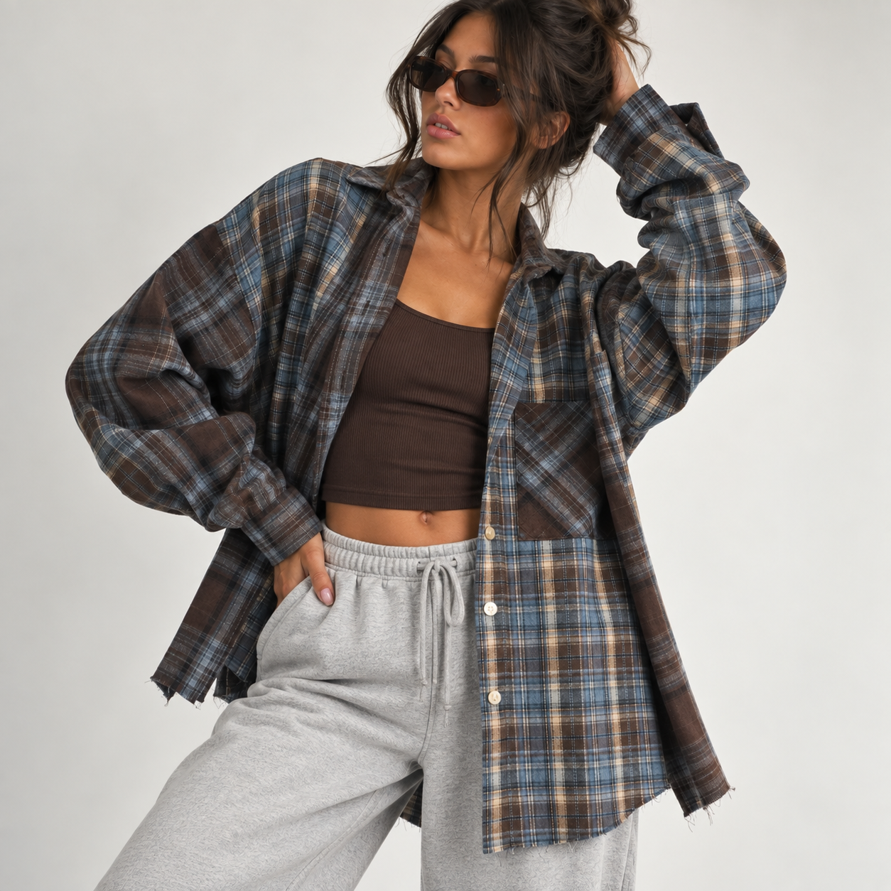 OVERSIZED BROWN & BLUE PLAID FLANNEL shirt