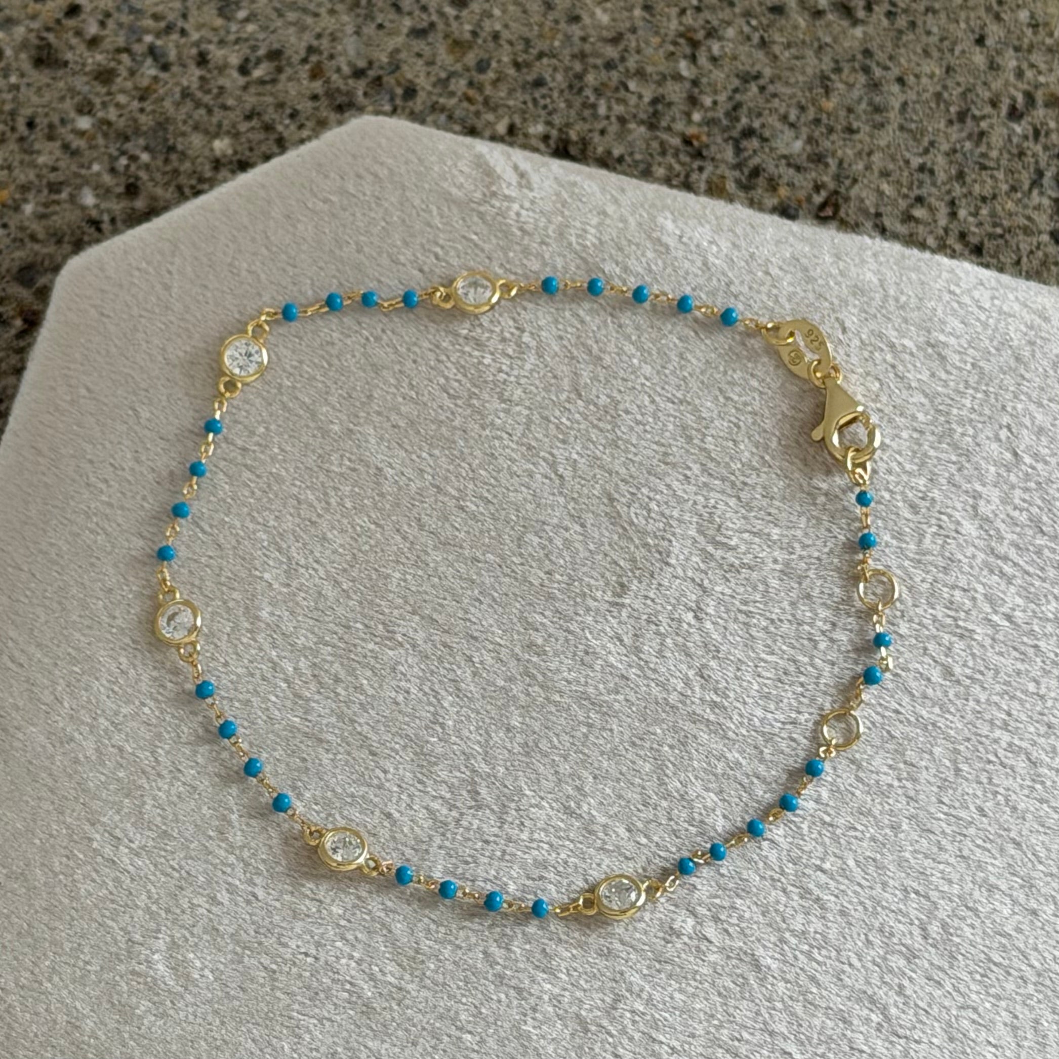 GOLD CRYSTAL BEZEL BLUE BEADED DAINTY bracelet