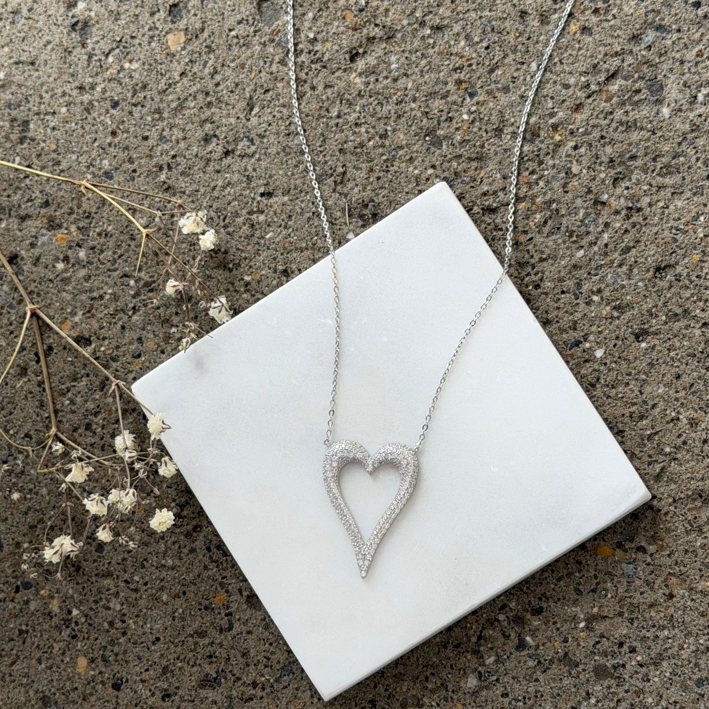 LARGE SILVER PAVE CRYSTAL HEART necklace
