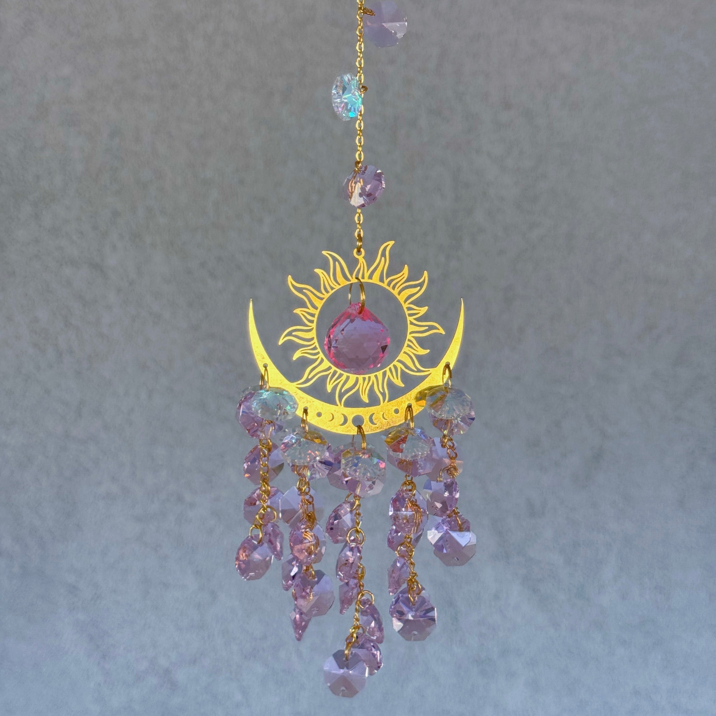 GOLDEN SUN MOON PHASE PINK CRYSTAL sun catcher