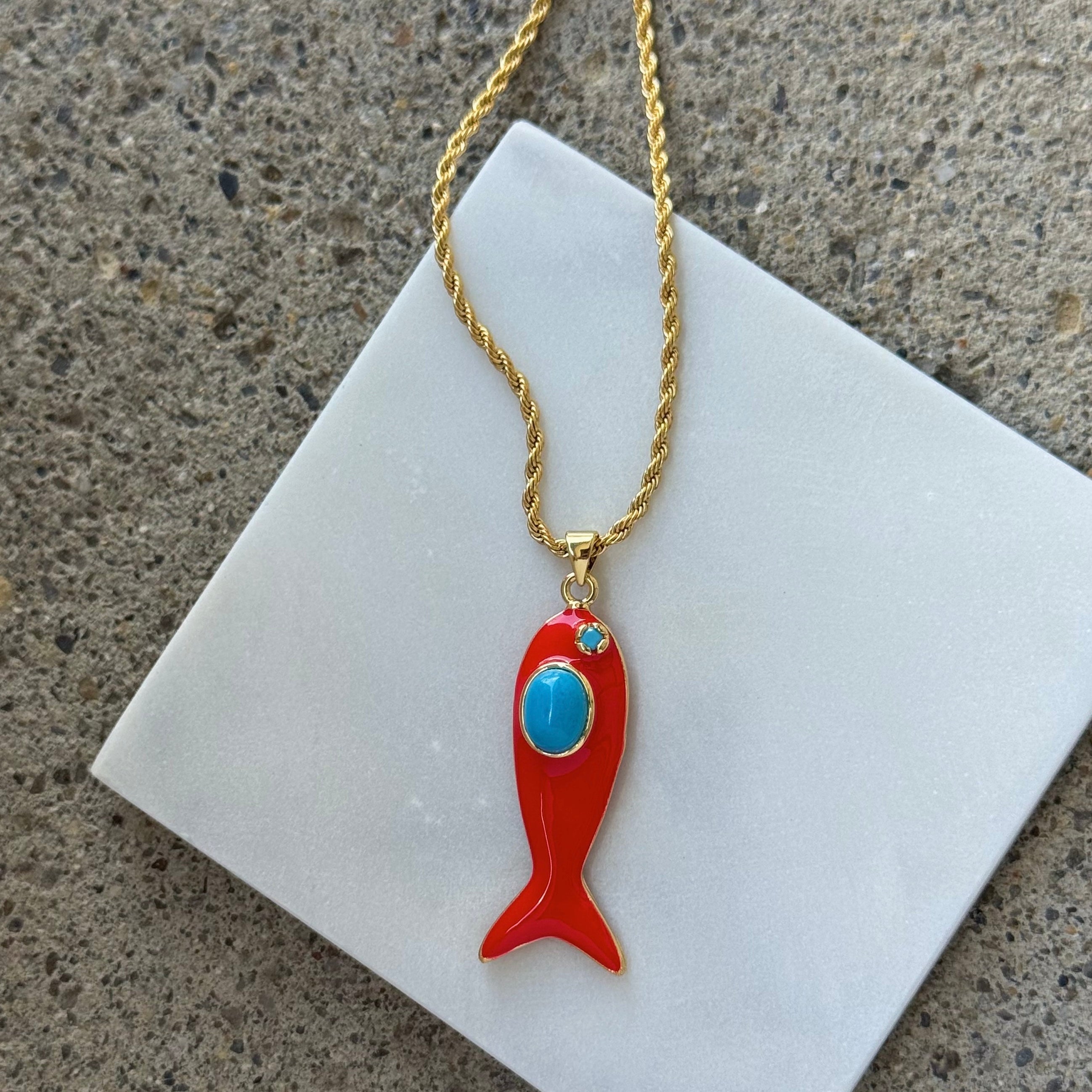 LARGE RED ENAMEL FISH necklace