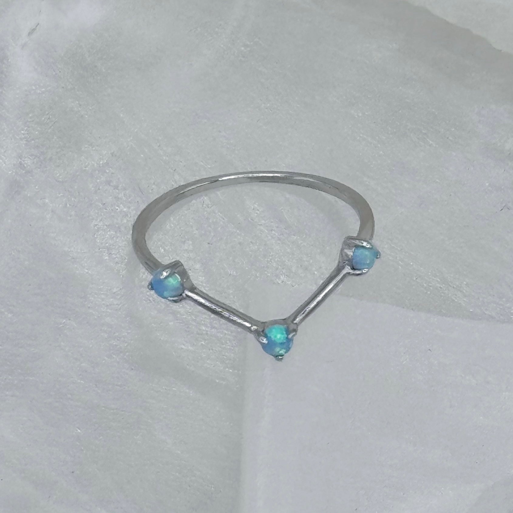 SILVER THREE STONE BLUE OPAL ring