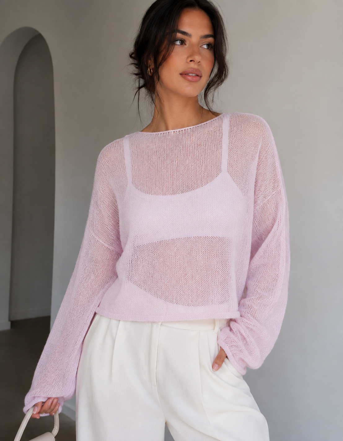 WHITE SHEER KNIT LONG SLEEVE top