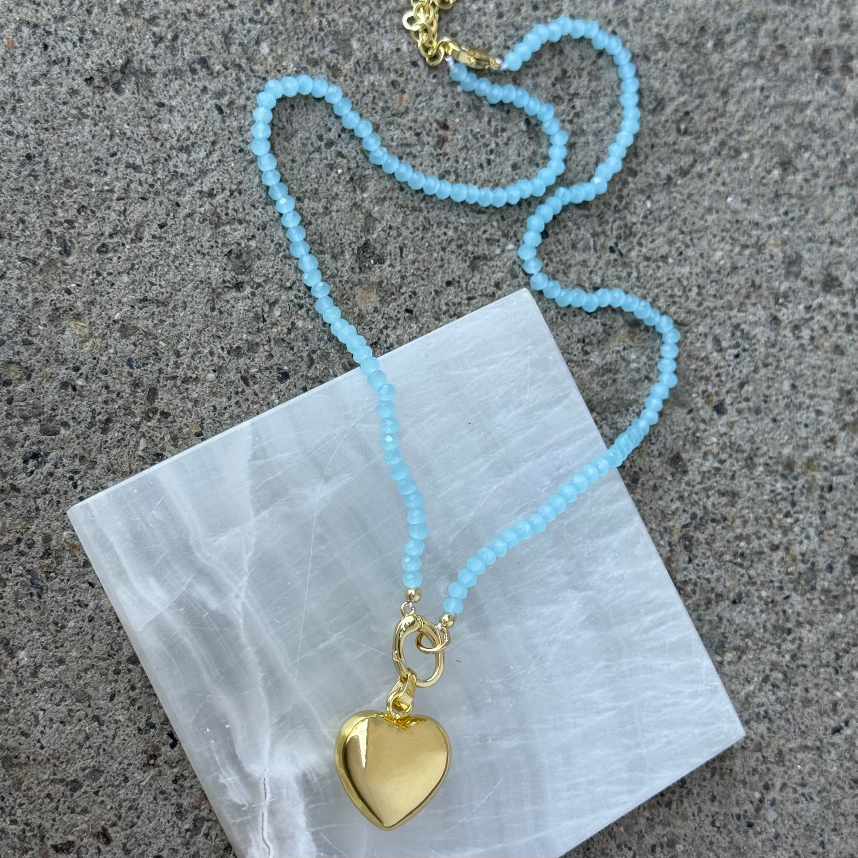 DIAMOND CUT AQUAMARINE BEADED BUBBLE HEART necklace