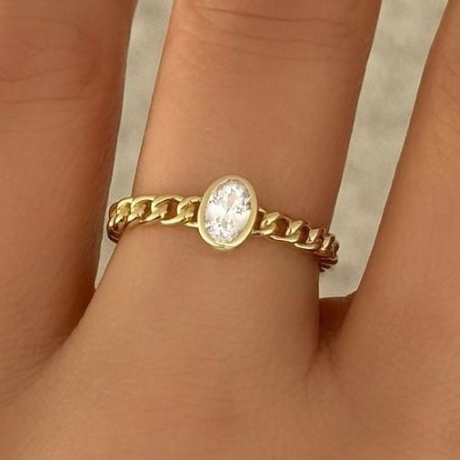 GOLD OVAL CRYSTAL BEZEL CUBAN ring