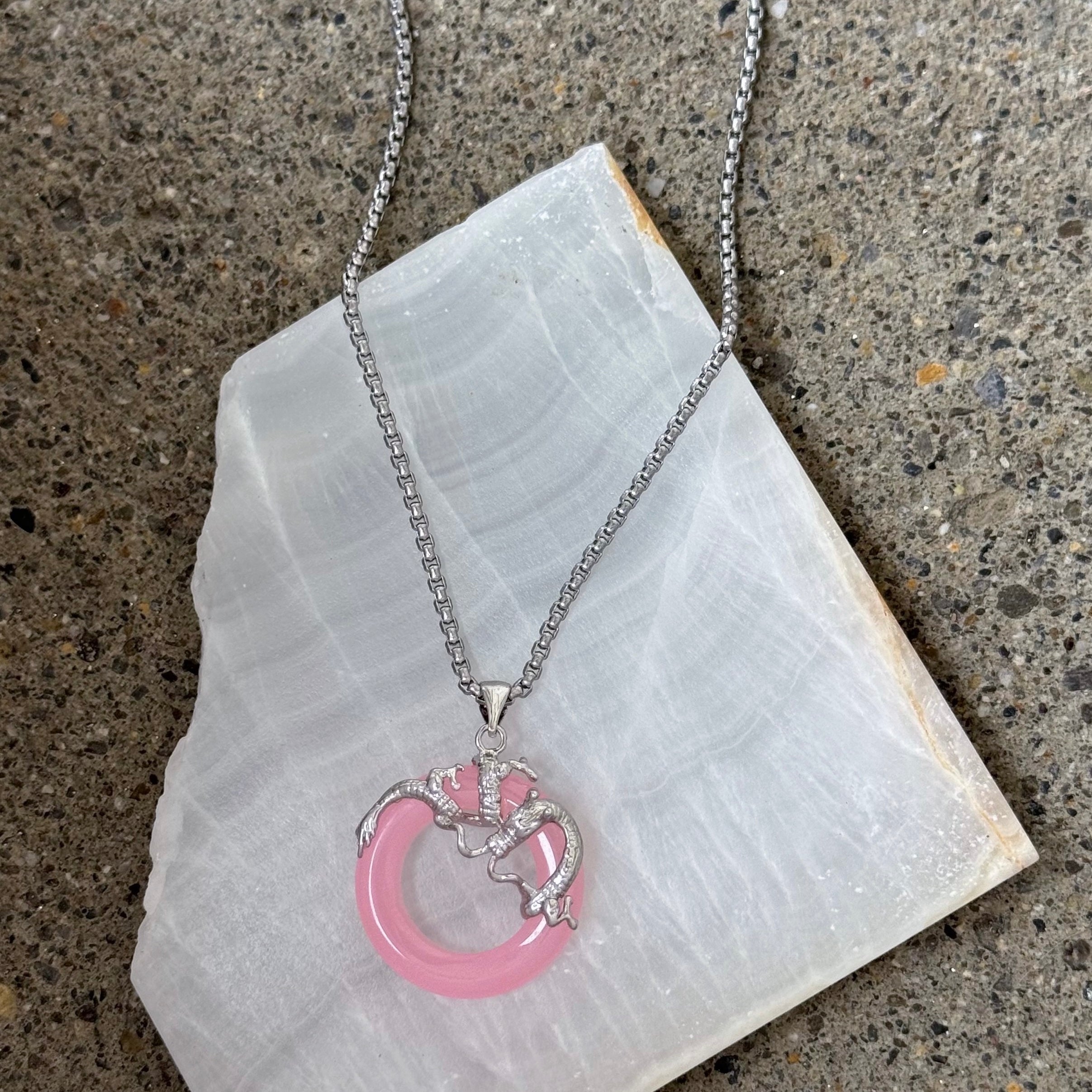 SILVER ROUND DRAGON PINK JADE necklace