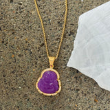 CRYSTAL PURPLE BUDDHA GOLD STEEL necklace