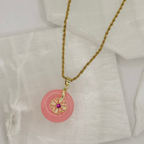 CRYSTAL FLOWER ROUND PINK JADE necklace