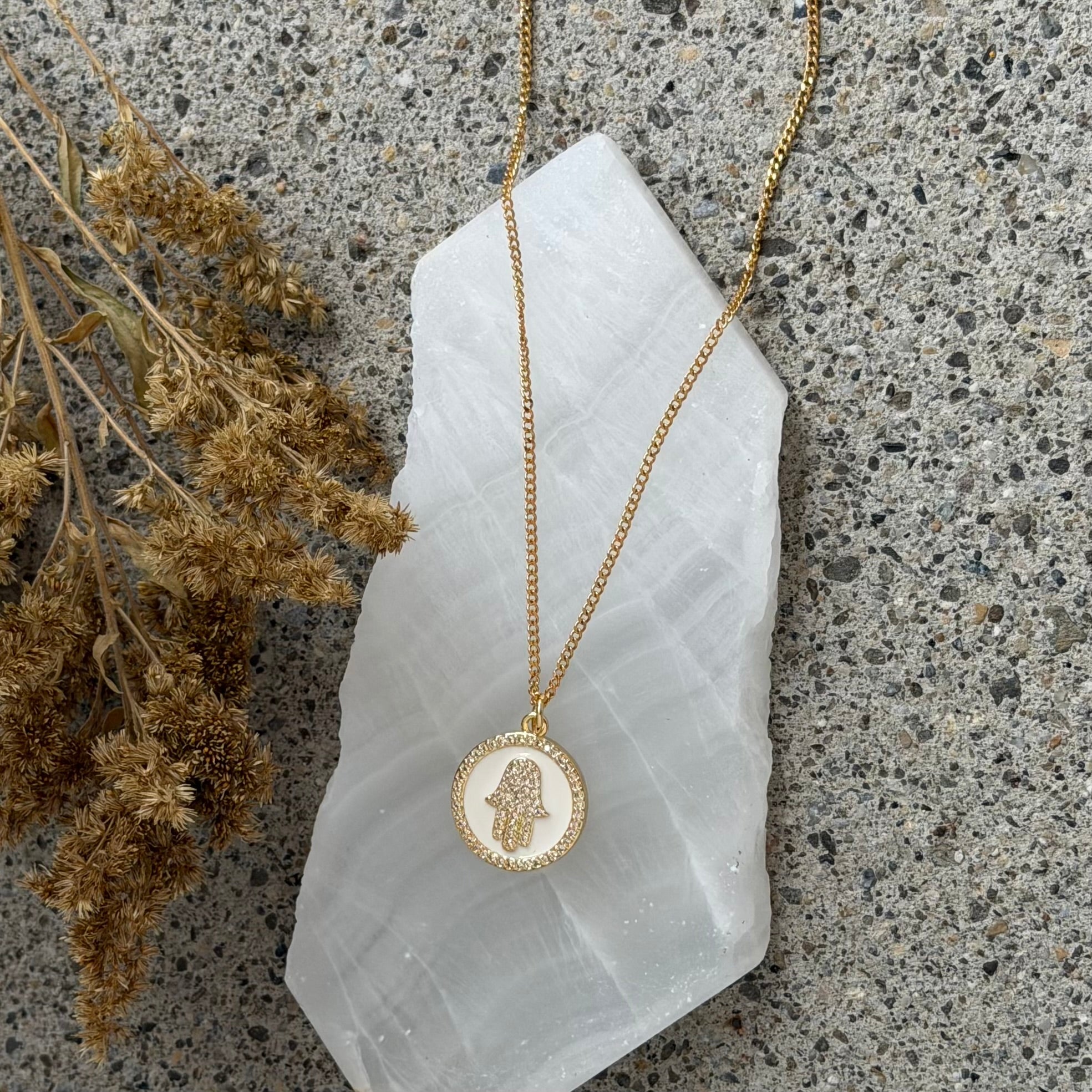 WHITE ENAMEL CRYSTAL HAMSA CIRCLE necklace