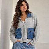 HEATHER GREY KNIT ZIP UP DENIM POCKET cardigan
