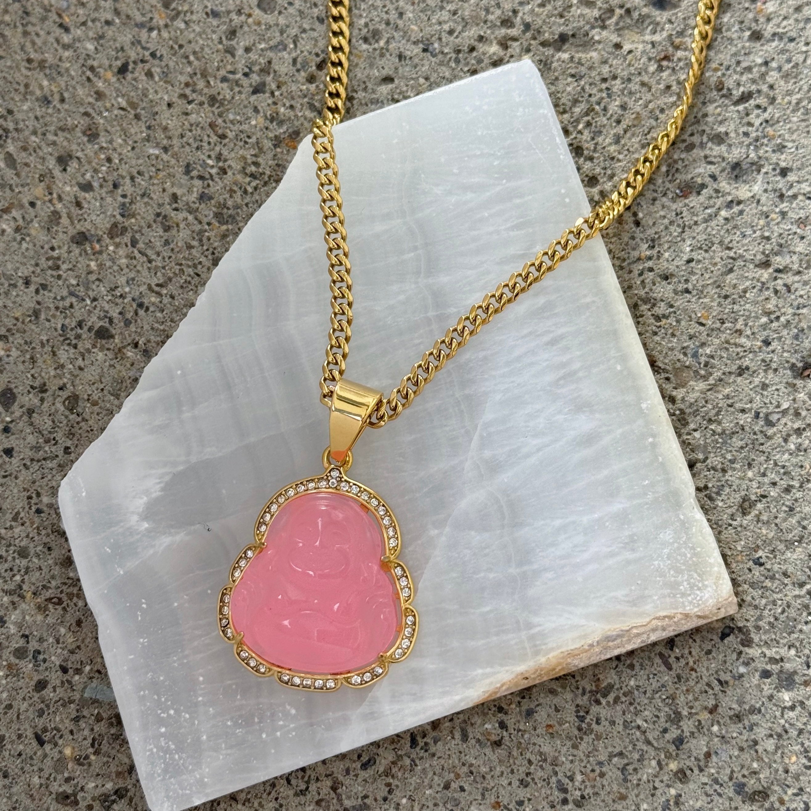 CRYSTAL PINK BUDDHA GOLD STEEL necklace