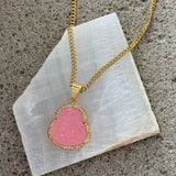 CRYSTAL PINK BUDDHA GOLD STEEL necklace