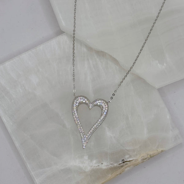 LARGE SILVER PAVE CRYSTAL HEART necklace