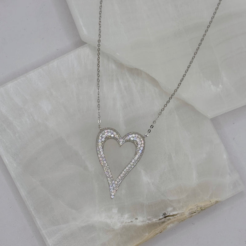 LARGE SILVER PAVE CRYSTAL HEART necklace