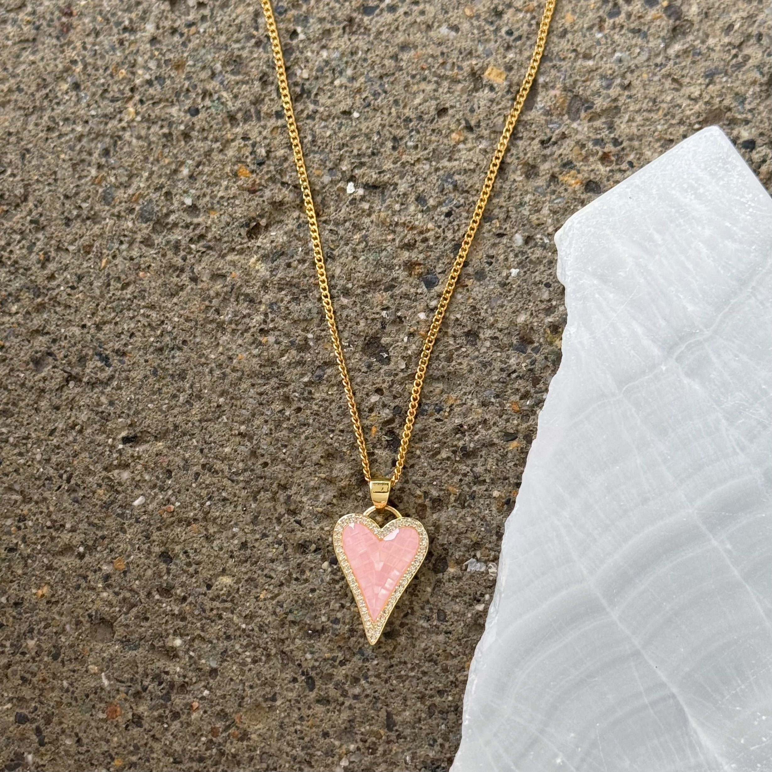 CRYSTAL PINK MOTHER OF PEARL HEART necklace