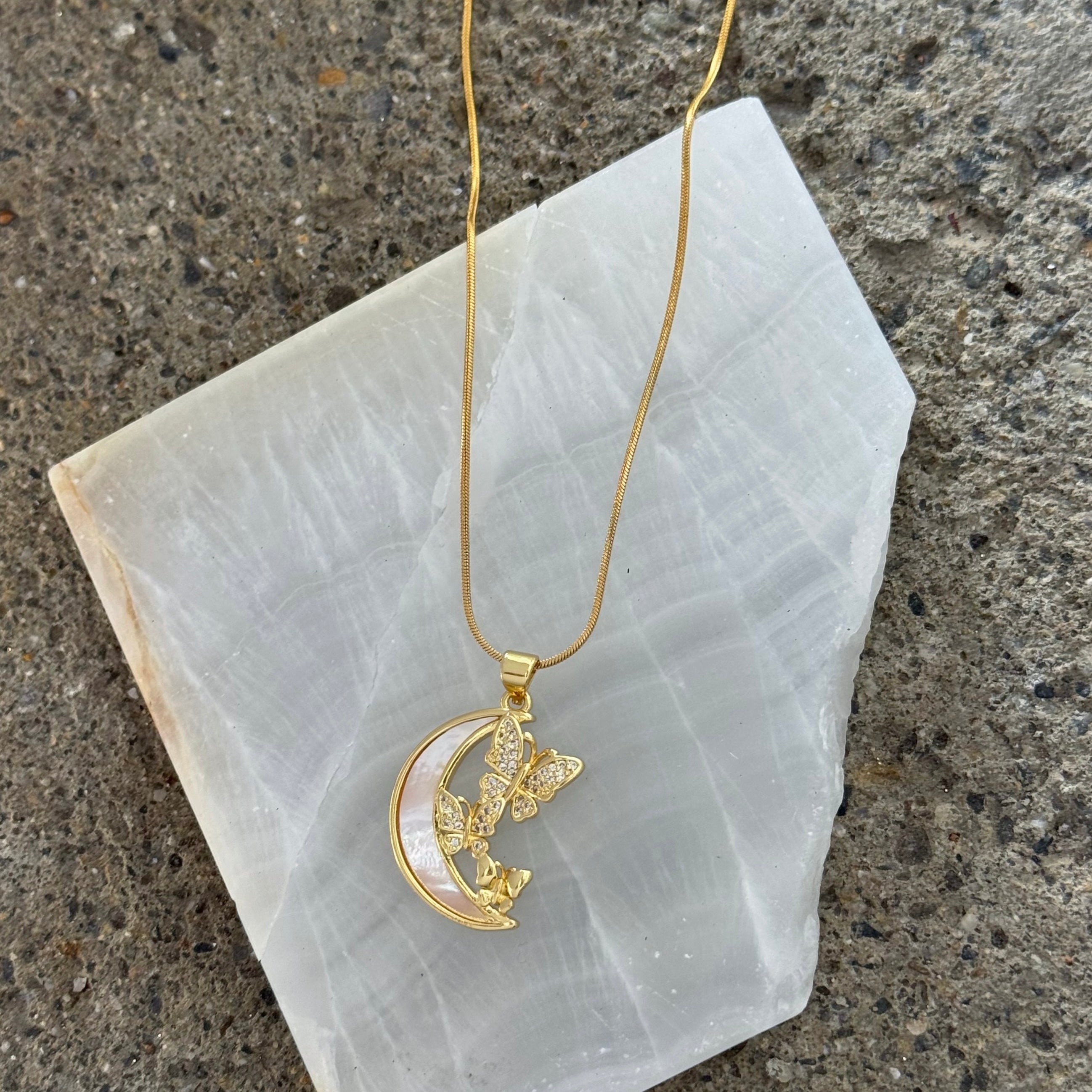 GOLD MOTHER OF PEARL BUTTERFLY MOON necklace