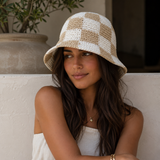 BEIGE CHECKERED STRAW BUCKET hat