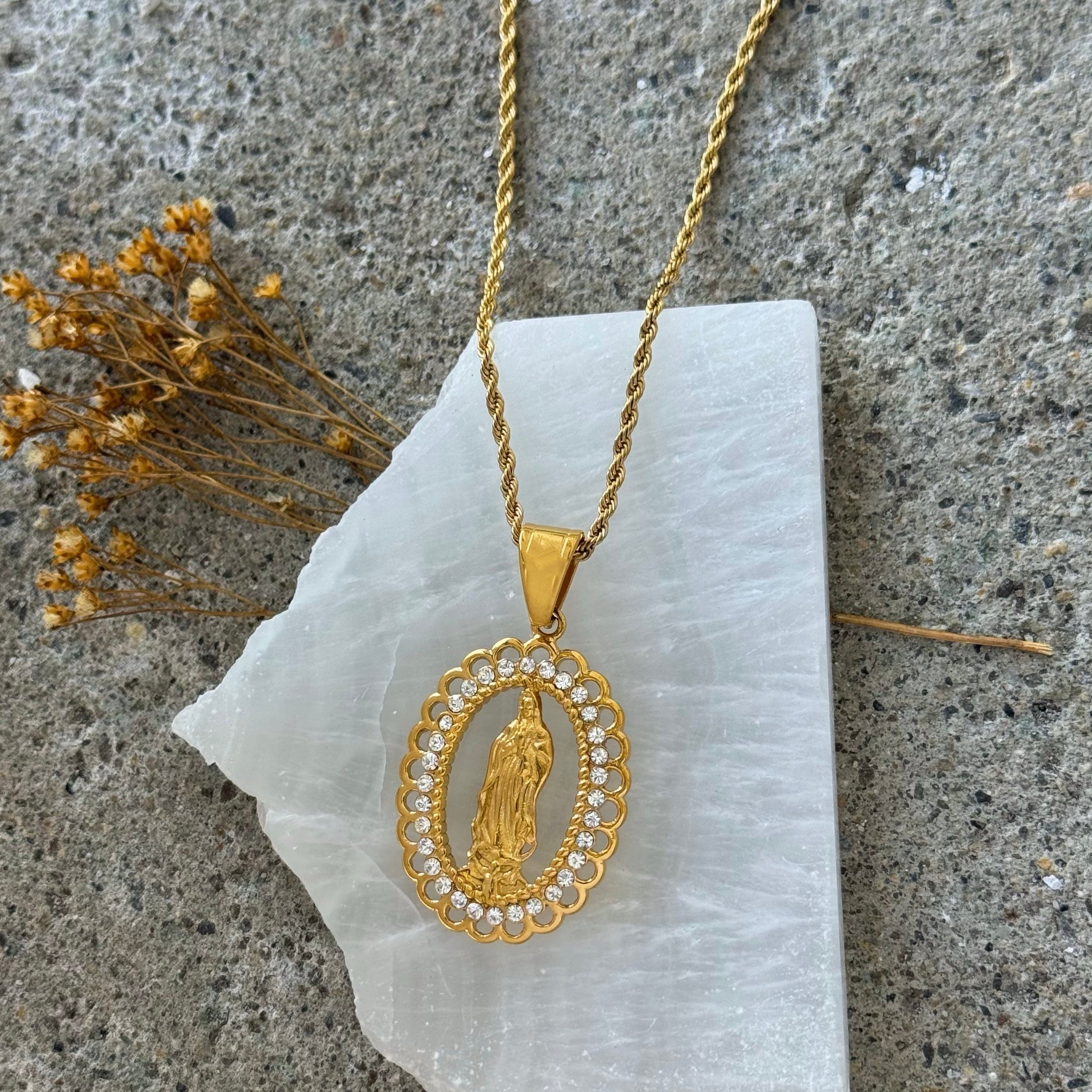 GOLD CRYSTAL BLESSED MOTHER OVAL MEDALLION necklace
