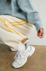 BEIGE YELLOW STRIPED DRAWSTRING WIDE LEG TRACK pants