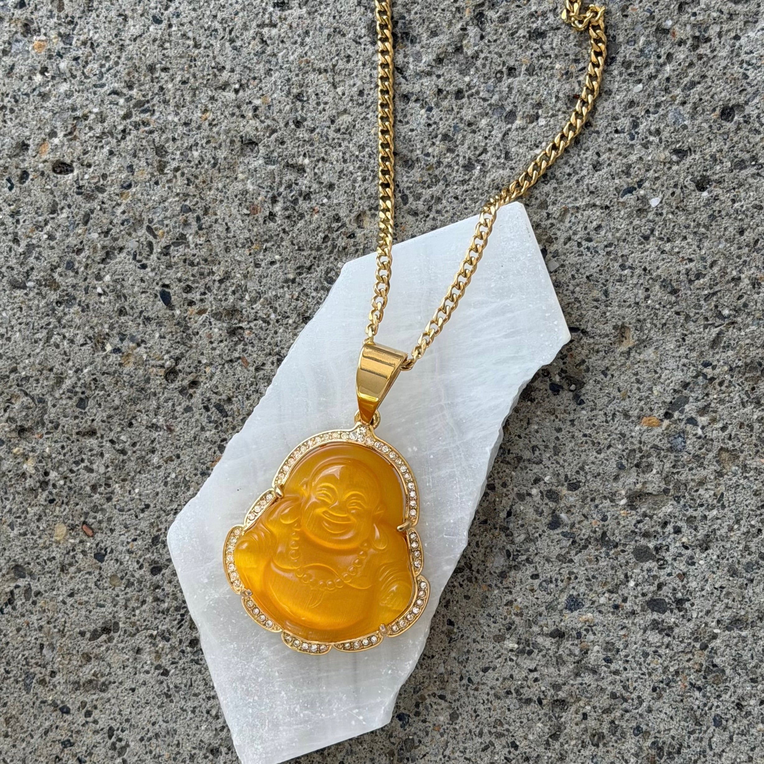 CRYSTAL YELLOW BUDDHA XL GOLD STEEL necklace