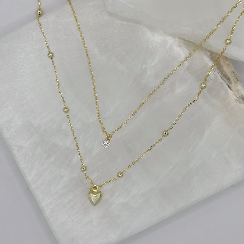 CRYSTAL STUD & BUBBLE HEART DOUBLE CHAIN necklace