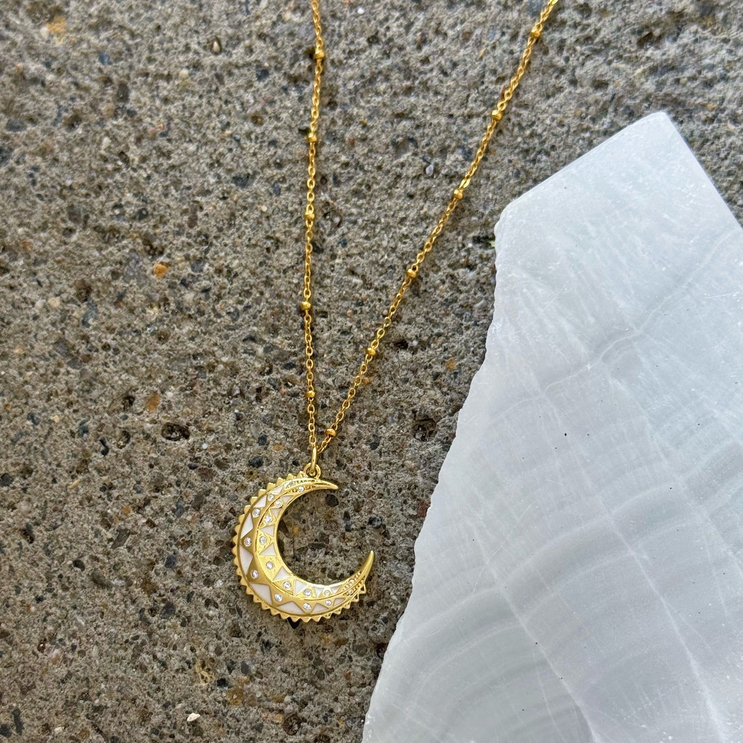 GOLD WHITE ENAMEL MOON necklace