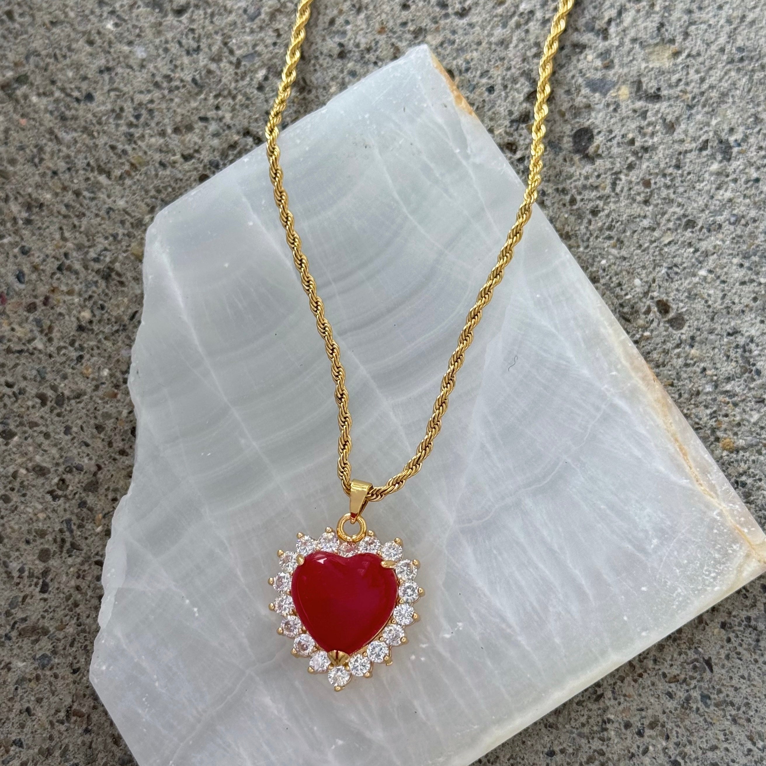 CRYSTAL HEART RED JADE necklace