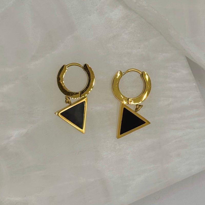 BLACK ENAMEL TRIANGLE HUGGIE earrings