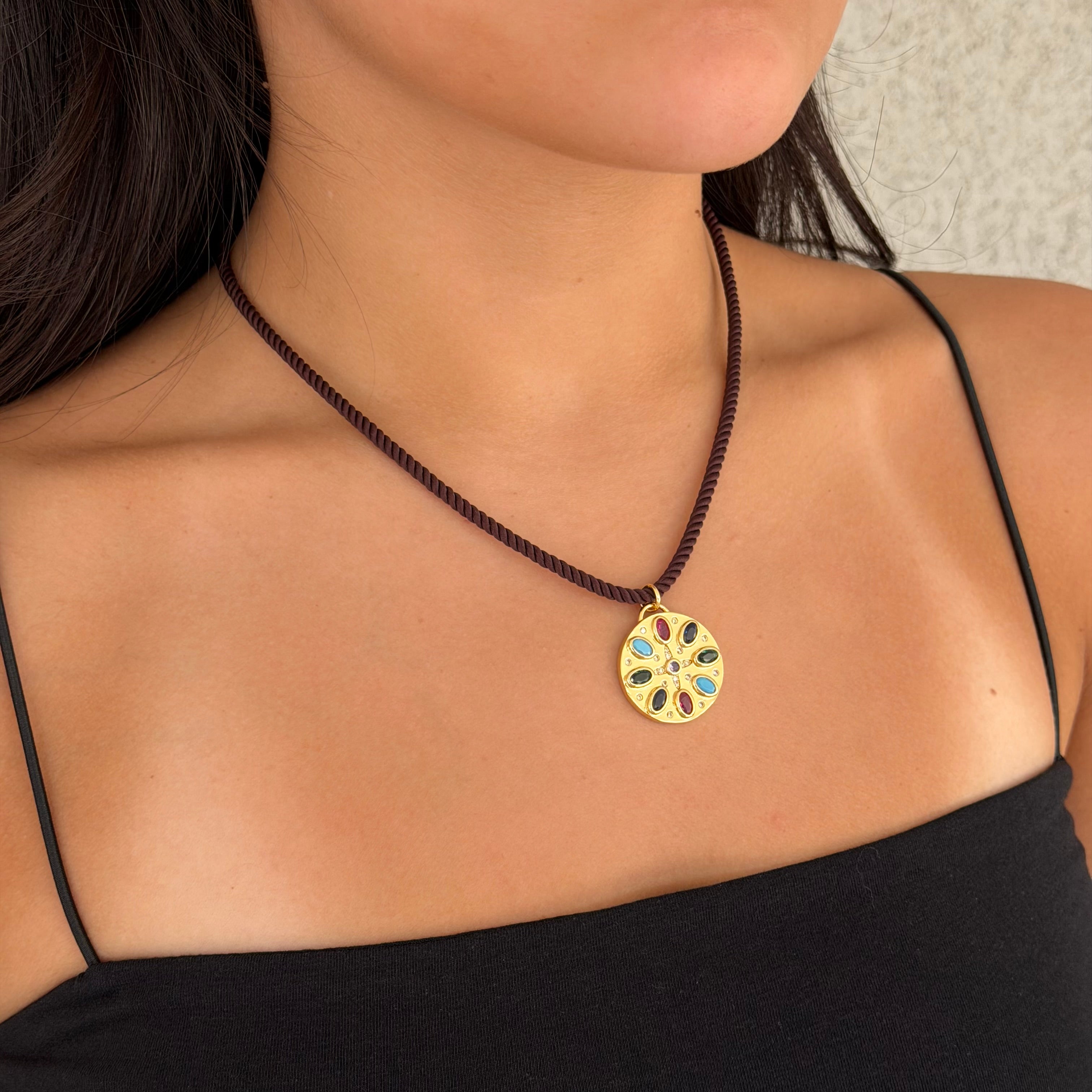 GOLD ROUND MULTICOLOR MEDALLION CHORD necklace