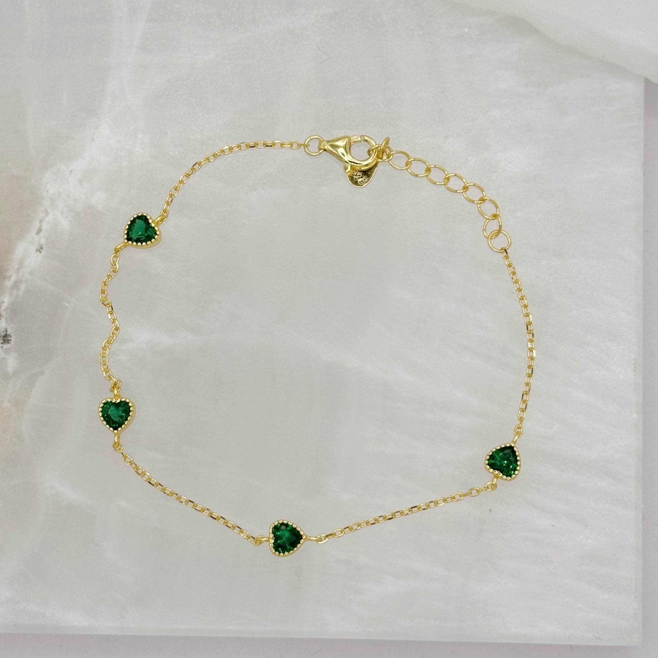 GOLD EMERALD GREEN HEART DAINTY bracelet