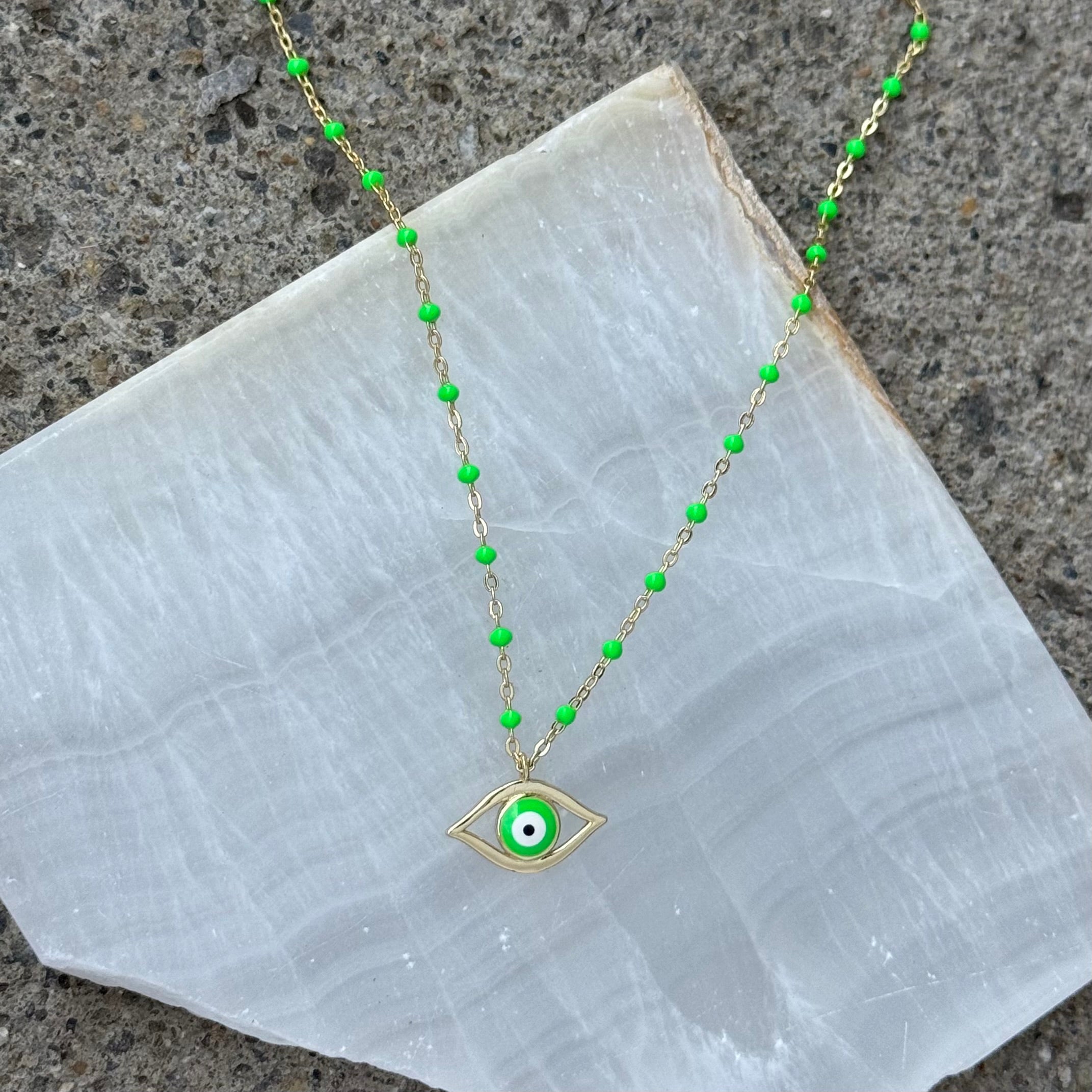 LIME GREEN EVIL EYE BEADED necklace