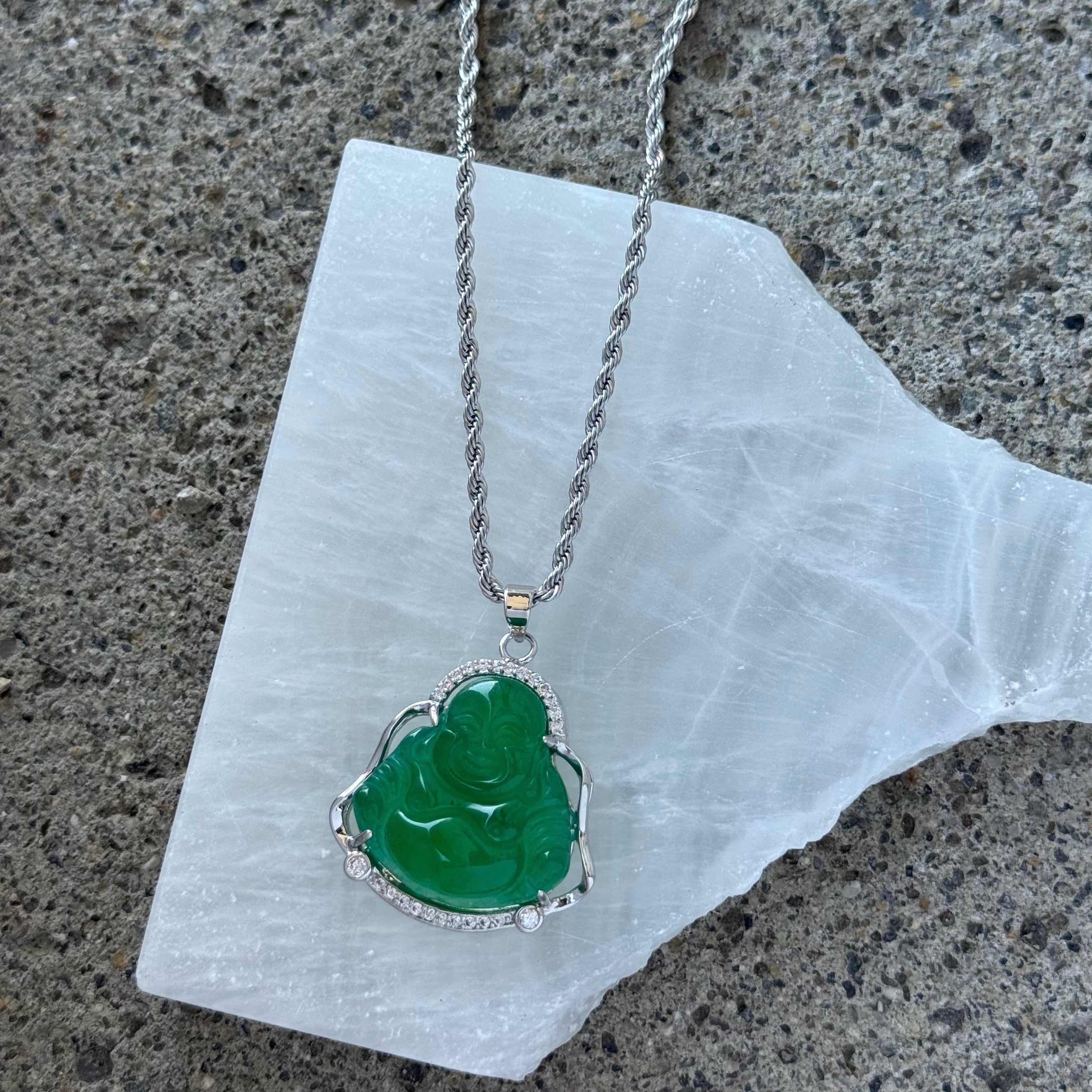 SILVER CRYSTAL BUDDHA GREEN JADE necklace