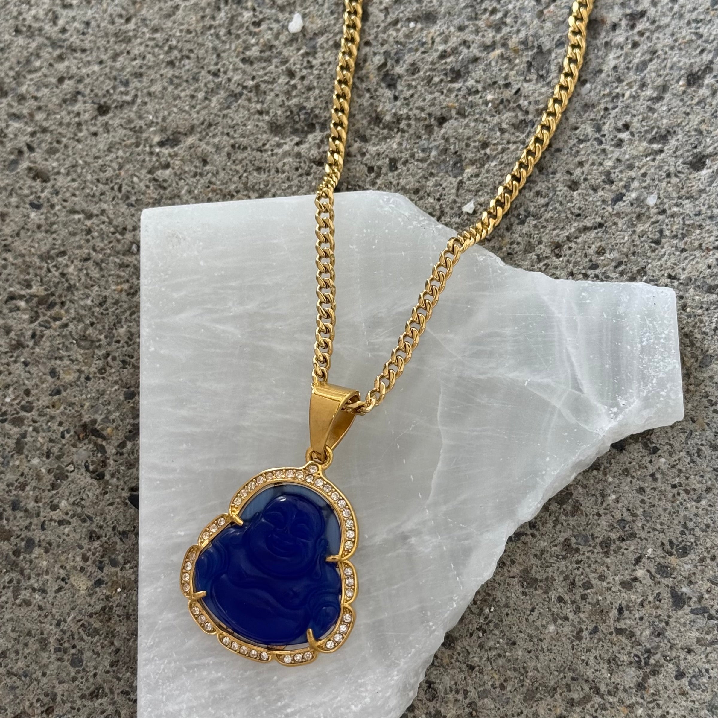 CRYSTAL DARK BLUE BUDDHA GOLD STEEL necklace