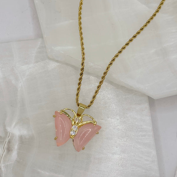 CRYSTAL BUTTERFLY PINK JADE necklace