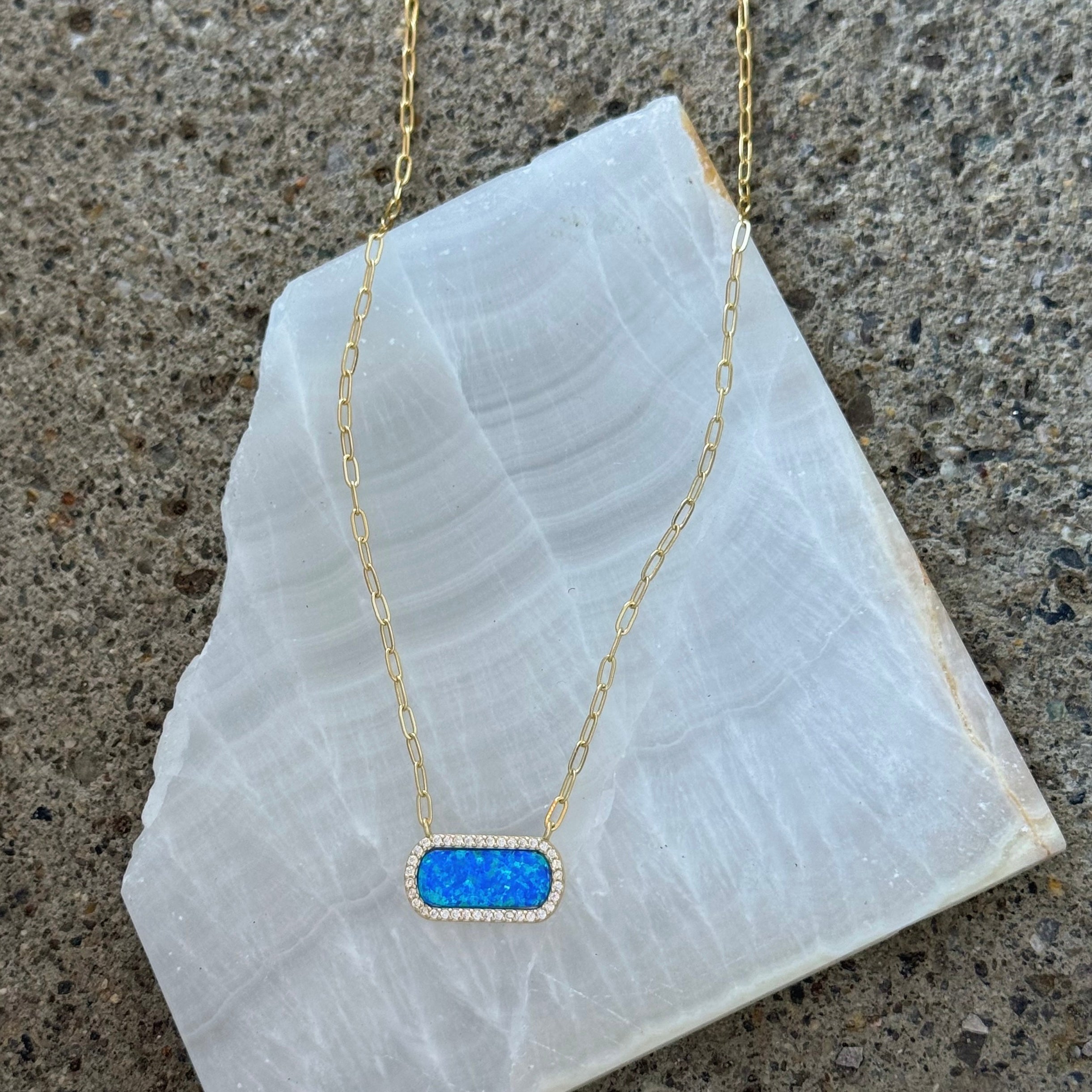GOLD FIRE BLUE OPAL BAR necklace