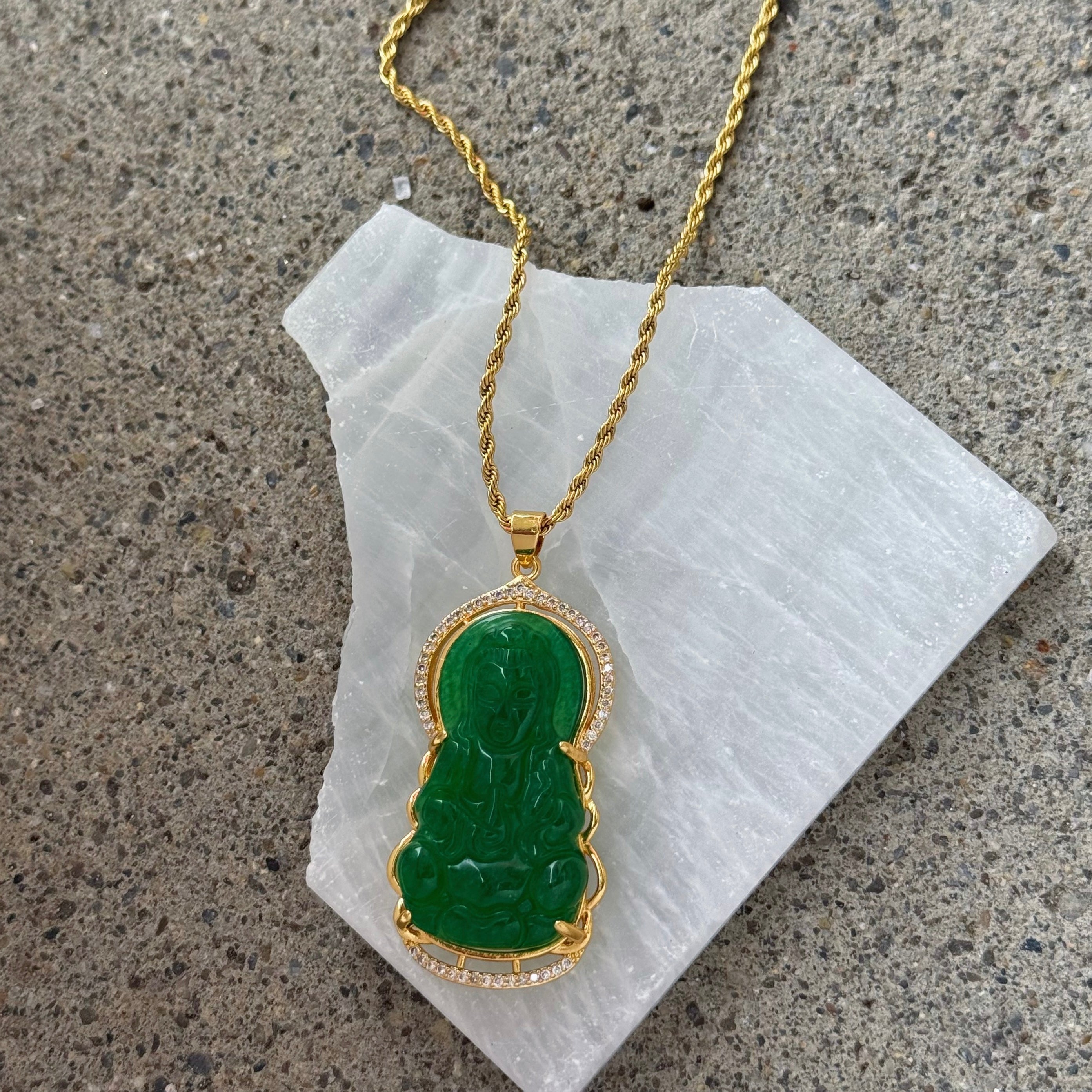 CRYSTAL LARGE KWAN YIN GREEN JADE necklace