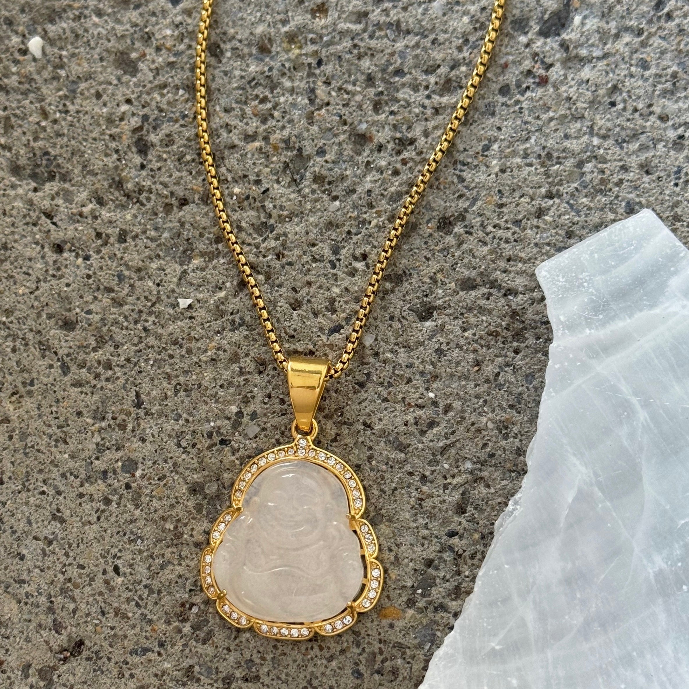 CRYSTAL WHITE BUDDHA GOLD STEEL necklace