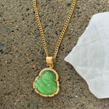 CRYSTAL PASTEL GREEN BUDDHA GOLD STEEL necklace