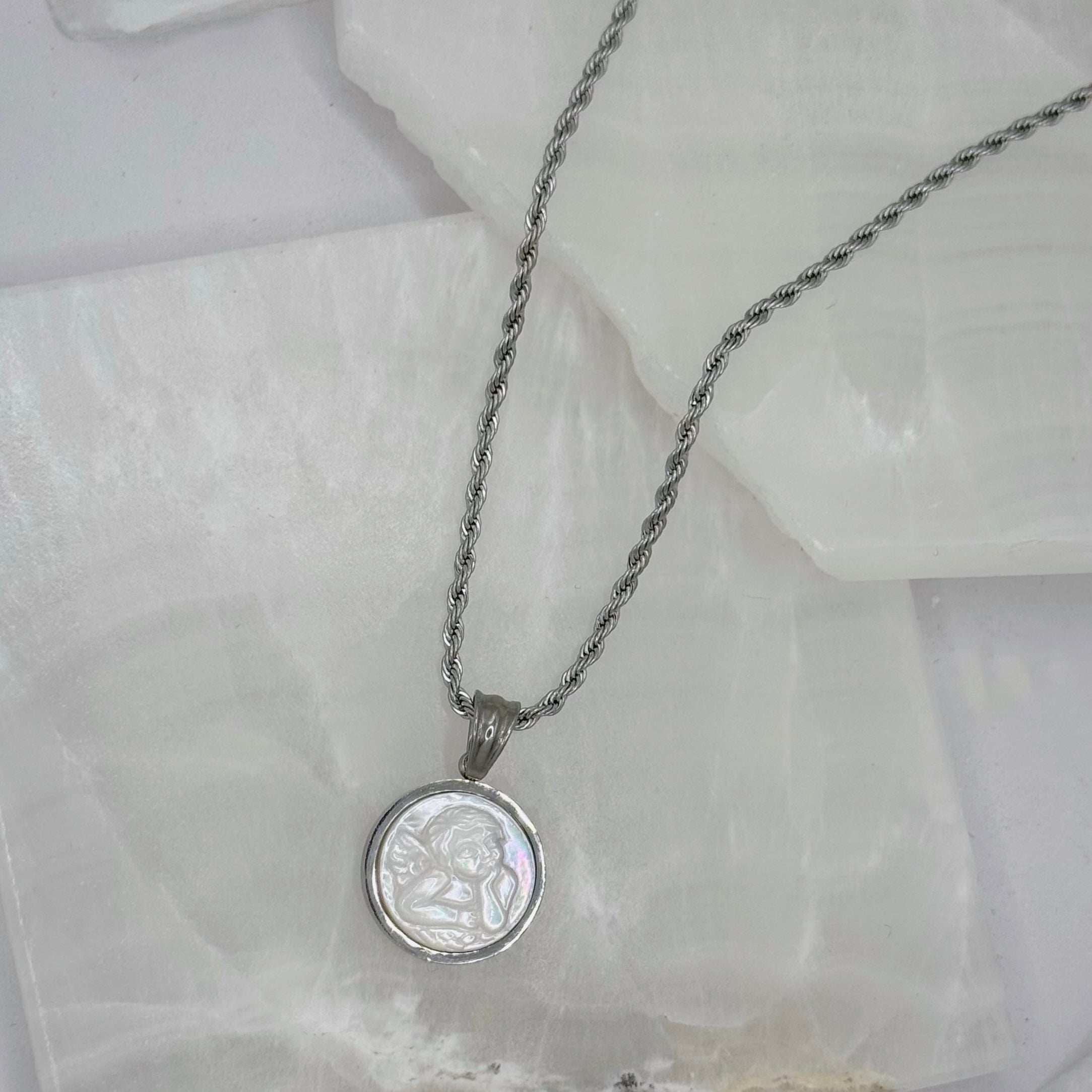 SILVER ANGEL MOTHER OF PEARL necklace