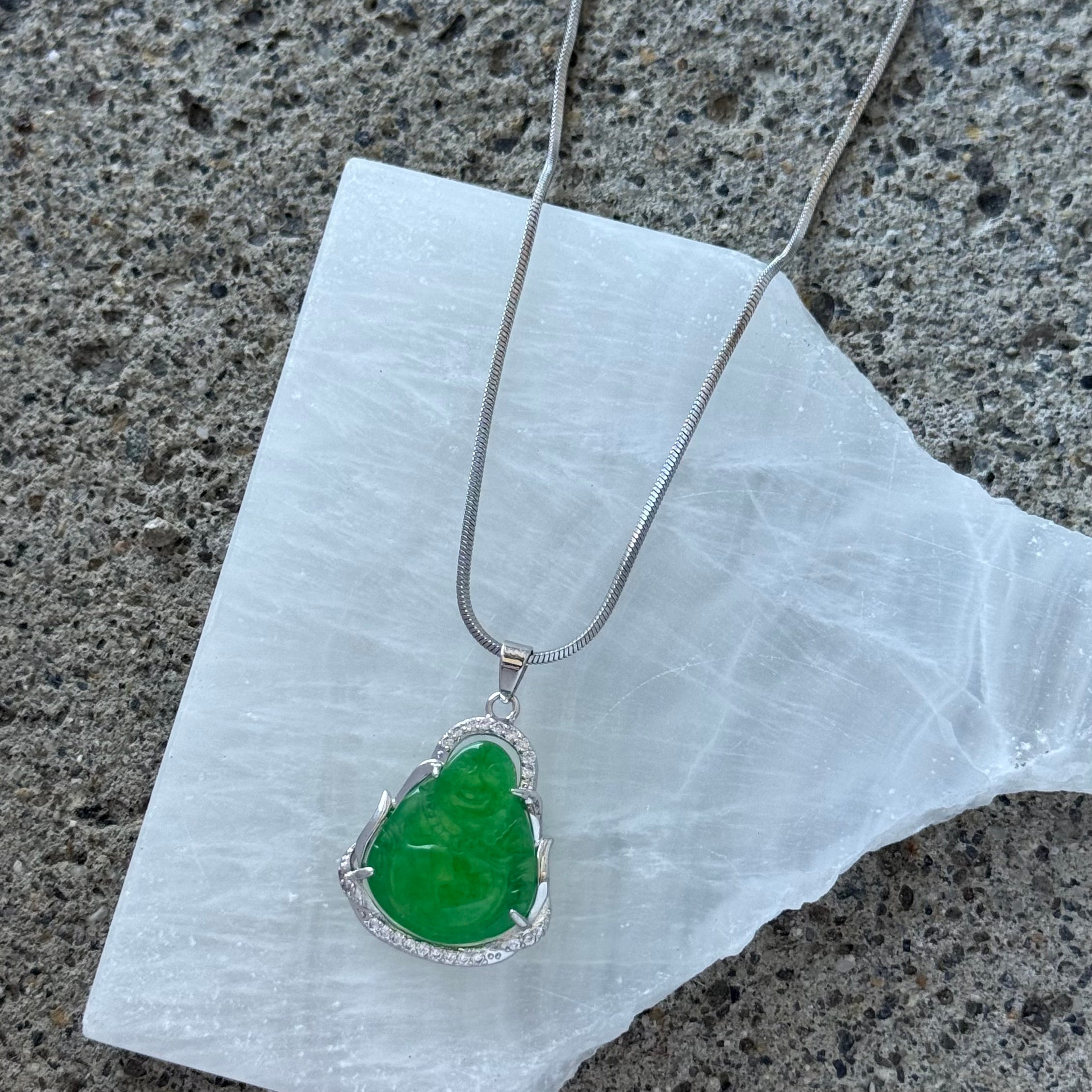 SILVER CRYSTAL BUDDHA GREEN JADE MINI necklace