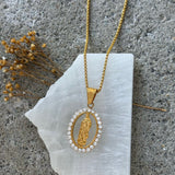 GOLD CRYSTAL BLESSED MOTHER OVAL MEDALION II necklace