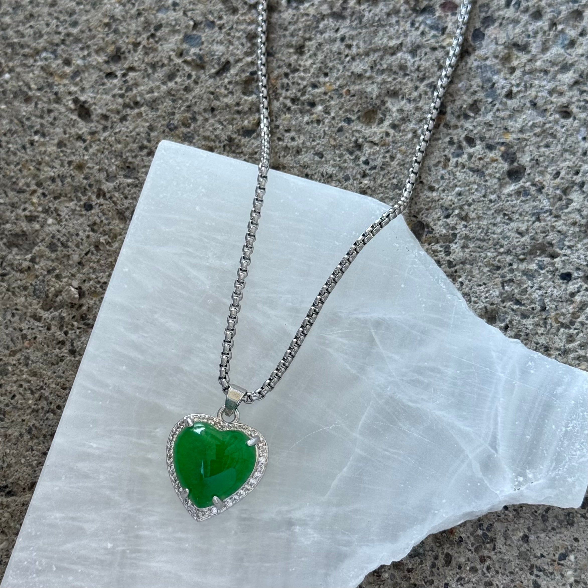 SILVER PAVE CRYSTAL HEART GREEN JADE necklace