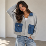 HEATHER GREY KNIT ZIP UP DENIM POCKET cardigan