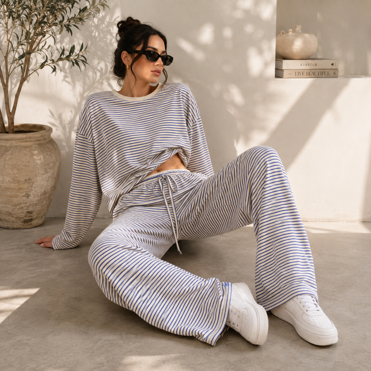 WHITE BLUE STRIPED WIDE LEG pants