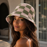 GREEN CHECKERED STRAW BUCKET hat