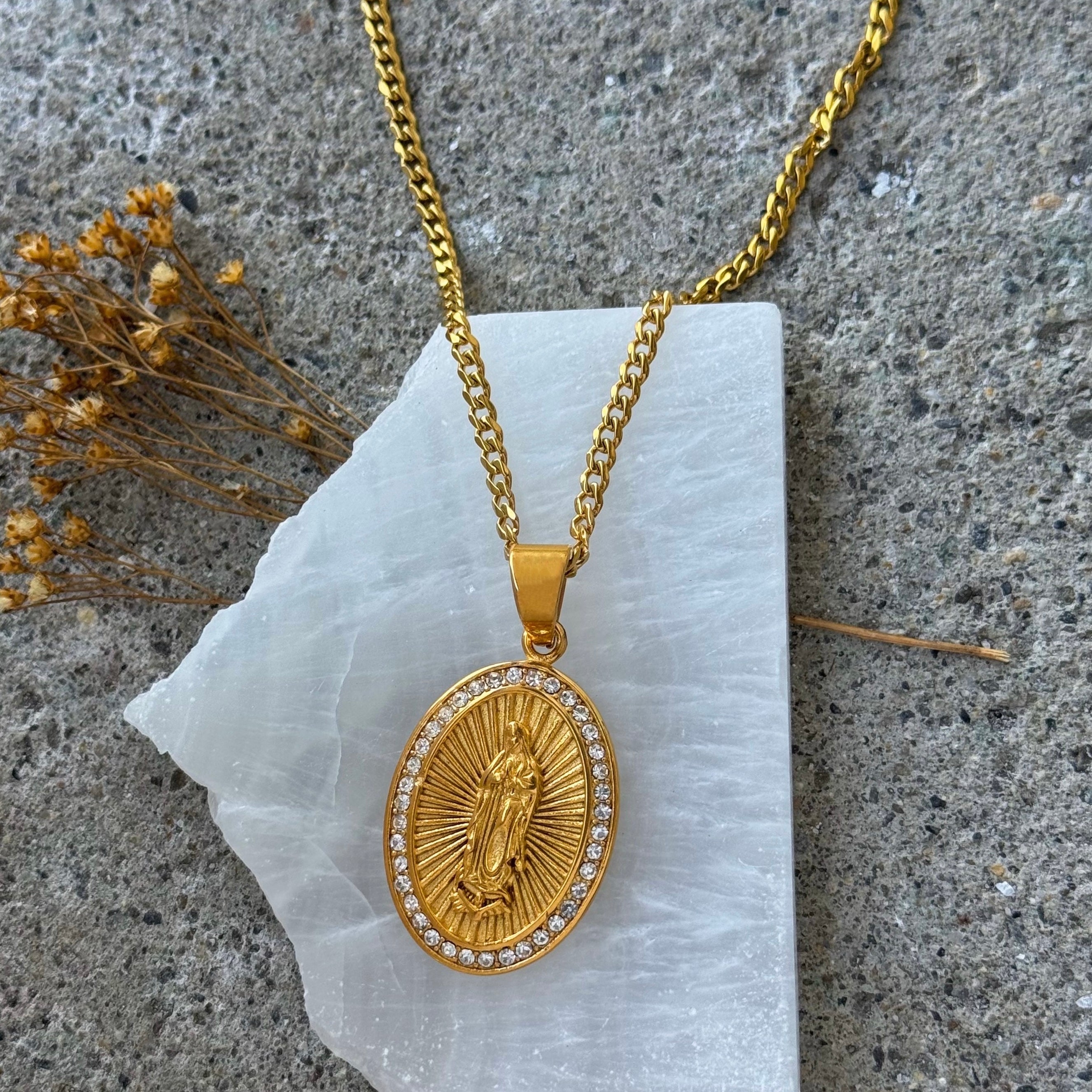 GOLD LARGE CRYSTAL OUR LADY GUADALUPE OVAL MEDALLION necklace