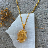 GOLD LARGE CRYSTAL OUR LADY GUADALUPE OVAL MEDALLION necklace
