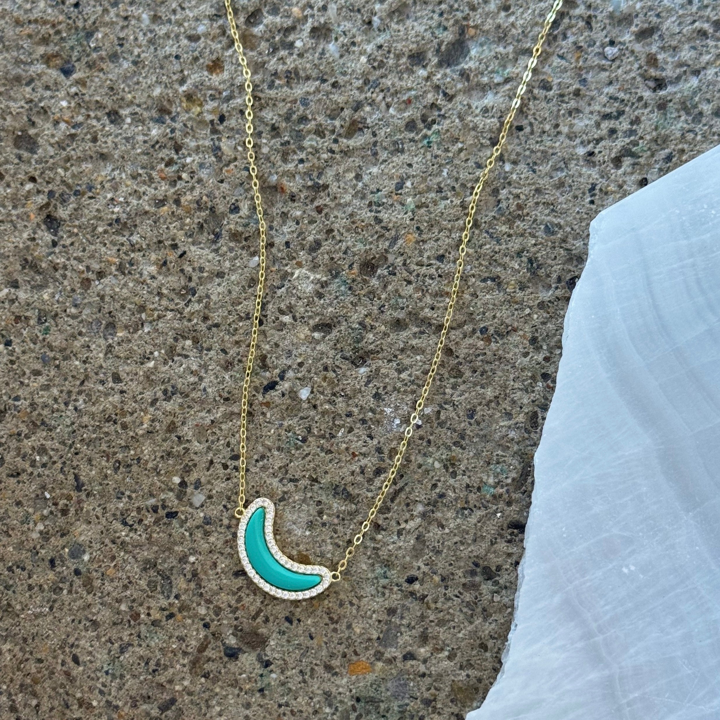 GOLD TURQUOISE CRYSTAL CRESCENT MOON necklace