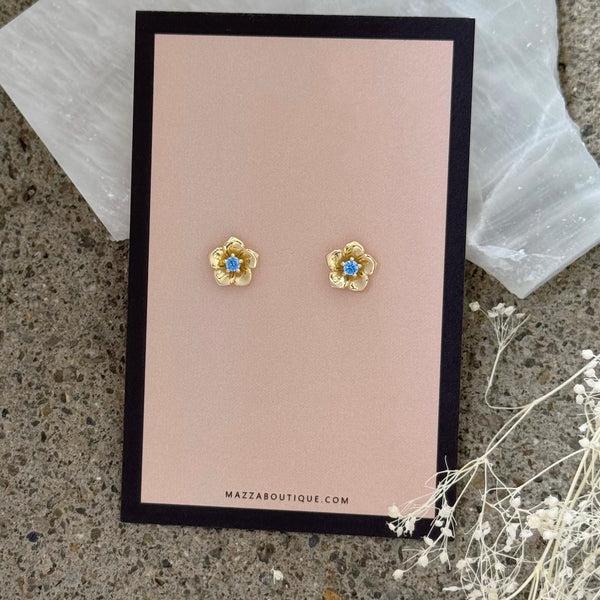 GOLD FLOWER AQUAMARINE CRYSTAL STUD earrings