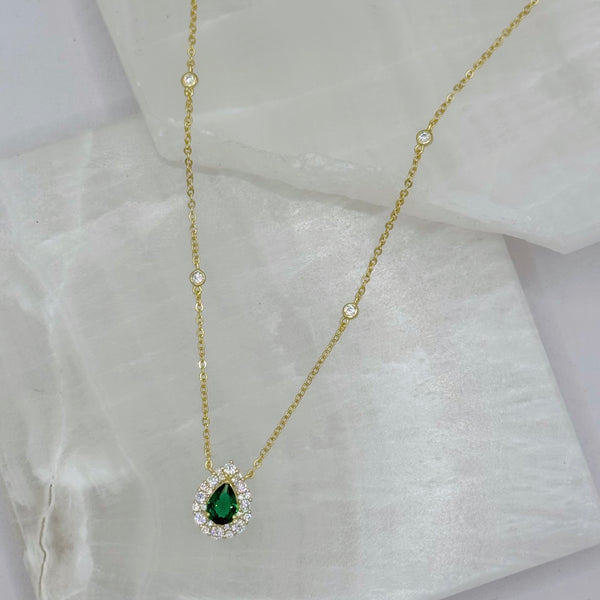 GOLD EMERALD CRYSTAL TEARDROP HALO necklace